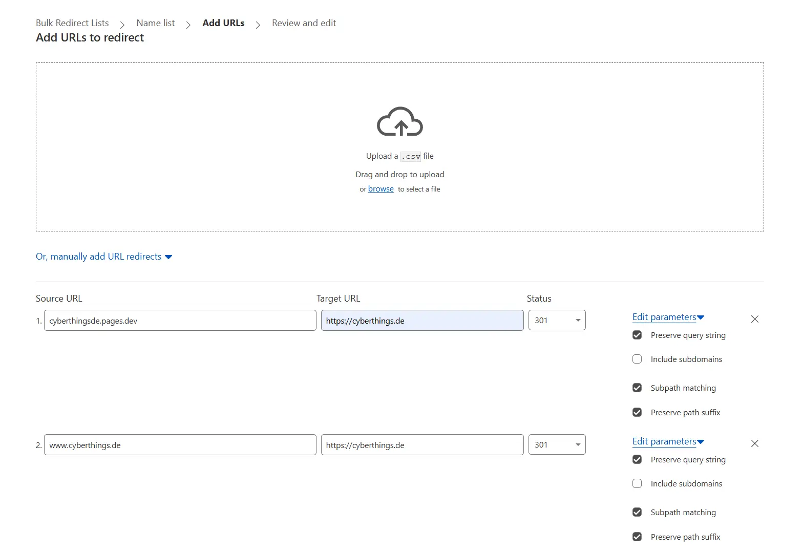 Cloudflare Bulk Redirect Example